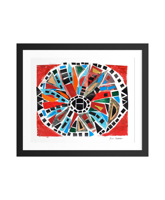 Framed abstract artwork with a colorful geometric design on a red background. Part of a series created during Ryan's artist residency in Senegal through the Josef and Anni Albers Foundation.