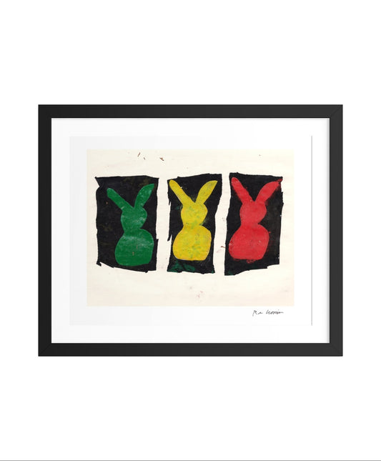 Framed artwork of three colorful rabbit illustrations on a white background. Part of a series created during Ryan's artist residency in Senegal through the Josef and Anni Albers Foundation.