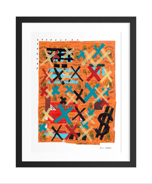 Framed abstract artwork with colorful geometric patterns on an orange background. Part of a series created during Ryan's artist residency in Senegal through the Josef and Anni Albers Foundation.