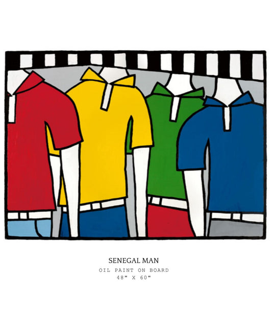 Colorful depiction people wearing Senegalese colors of red, yellow, green, and blue with a striped background.