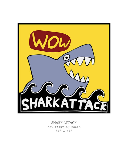 Poster with a shark illustration and 'Shark Attack' text on a yellow background