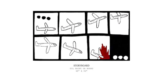 Storyboard with airplane illustrations and a red flame plan explosion, on a white background.