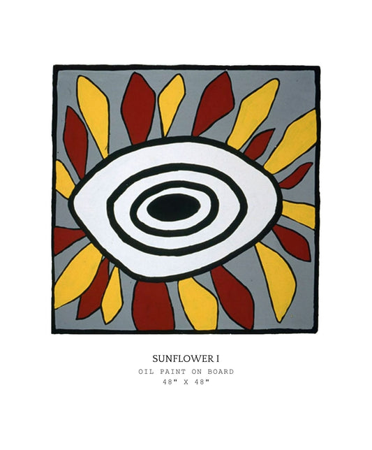 Abstract art piece titled 'Sunflower I' with concentric circles and sunburst design on a gray background.