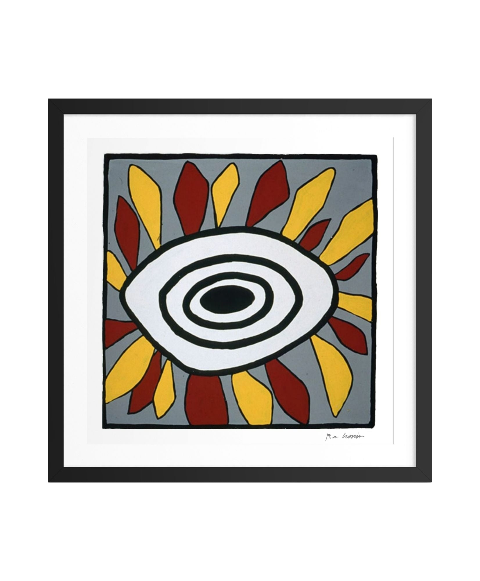 Framed abstract artwork with a central eye design surrounded by red and yellow shapes on a gray background.
