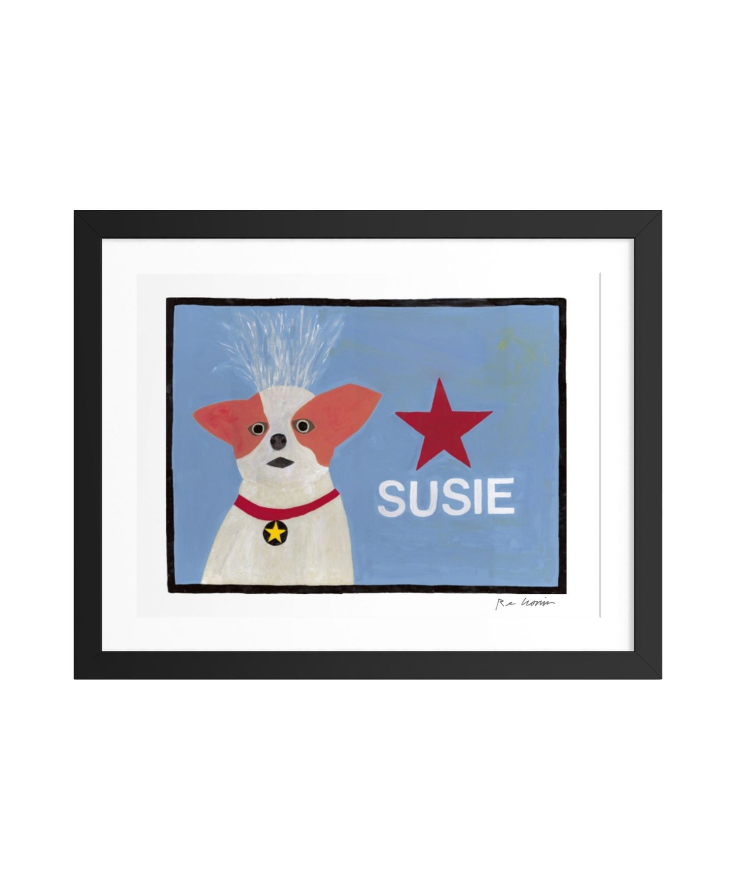 Framed artwork of a dog with red hair and a red star on a blue background, labeled 'Susie'.