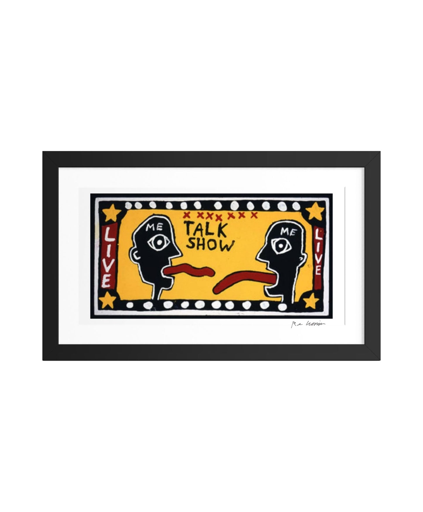 Framed artwork with two stylized faces and text on a yellow background. Two heads facing each other, tongues rolling out, "ME" stamped on each forehead.