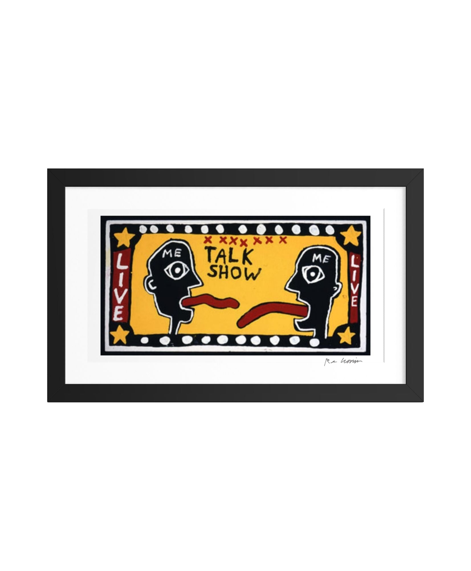 Framed artwork with two stylized faces and text on a yellow background. Two heads facing each other, tongues rolling out, "ME" stamped on each forehead.