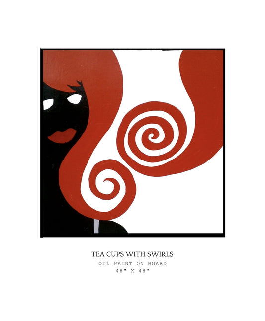Abstract woman art piece titled 'Tea Cups with Swirls' featuring red, white, and black design with a red haired female on a white background.