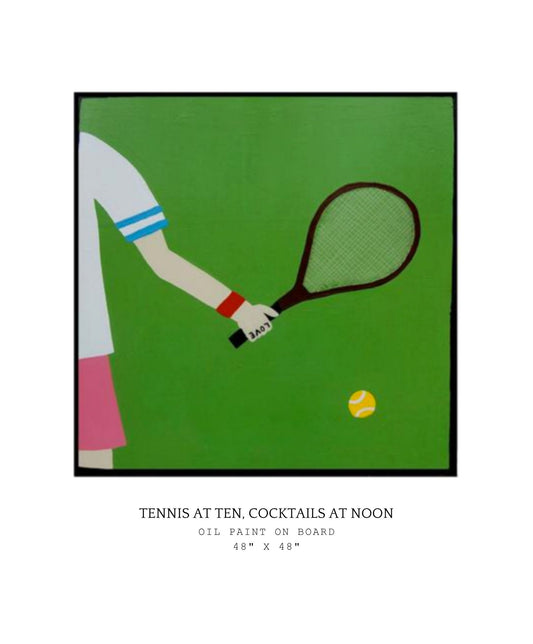 Illustration of a person holding a tennis racket with a ball on a green background, framed as a painting.
