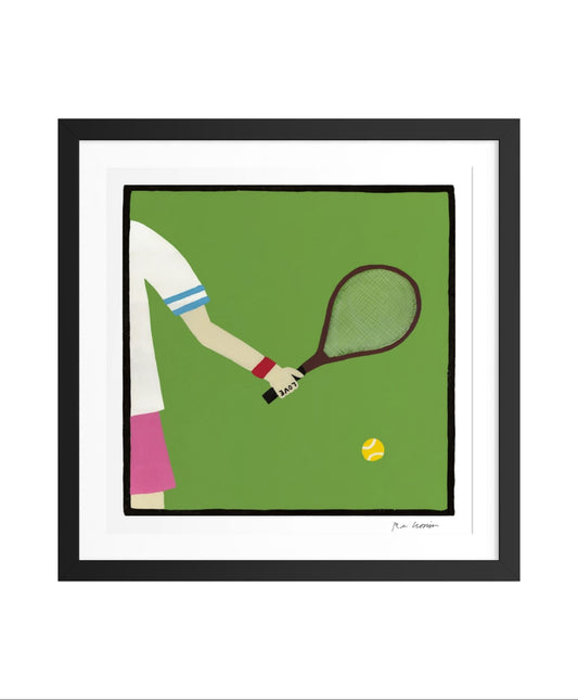 Illustration of a person holding a tennis racket on a green background.