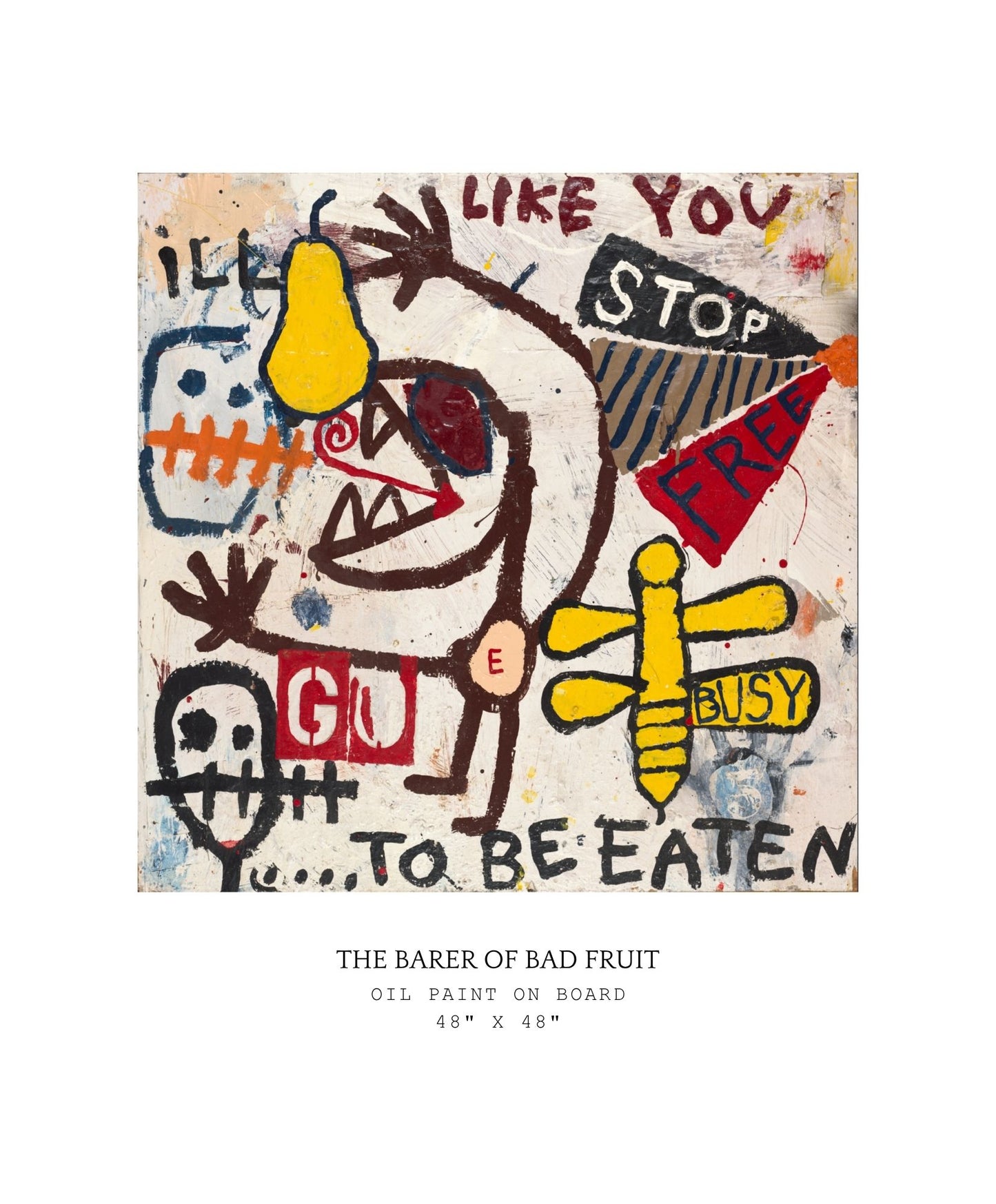 Abstract artwork with text and colorful elements including a bee and a pear.