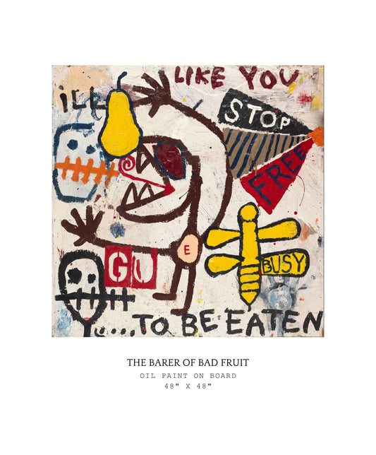 Abstract artwork with text and colorful elements including a bee and a pear.