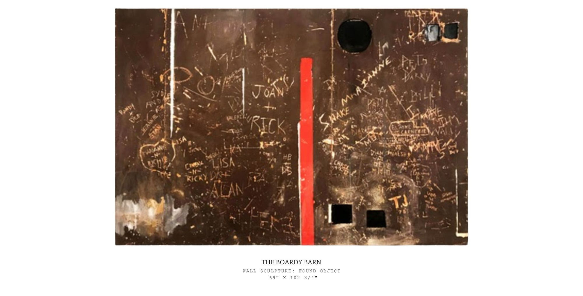 Metallic surface with text and a red line, resembling a board with writing. Wall sculpture made from found object.