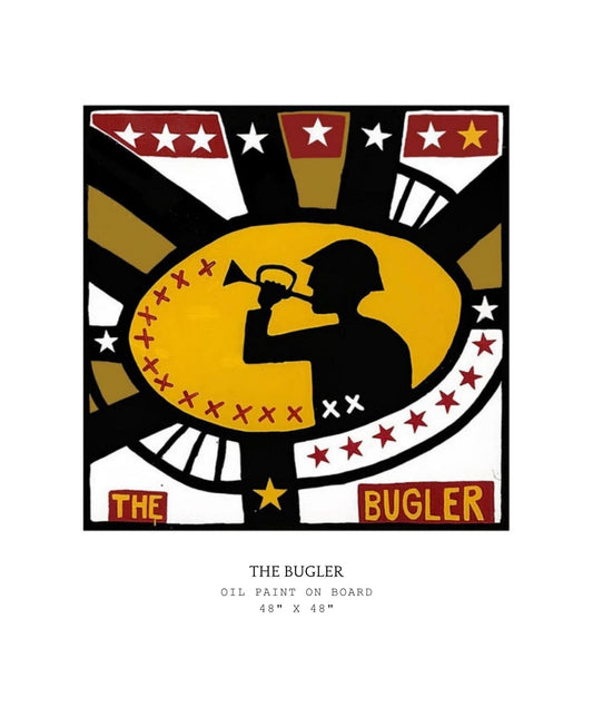Artistic depiction of 'The Bugler' with a stylized design on a white background