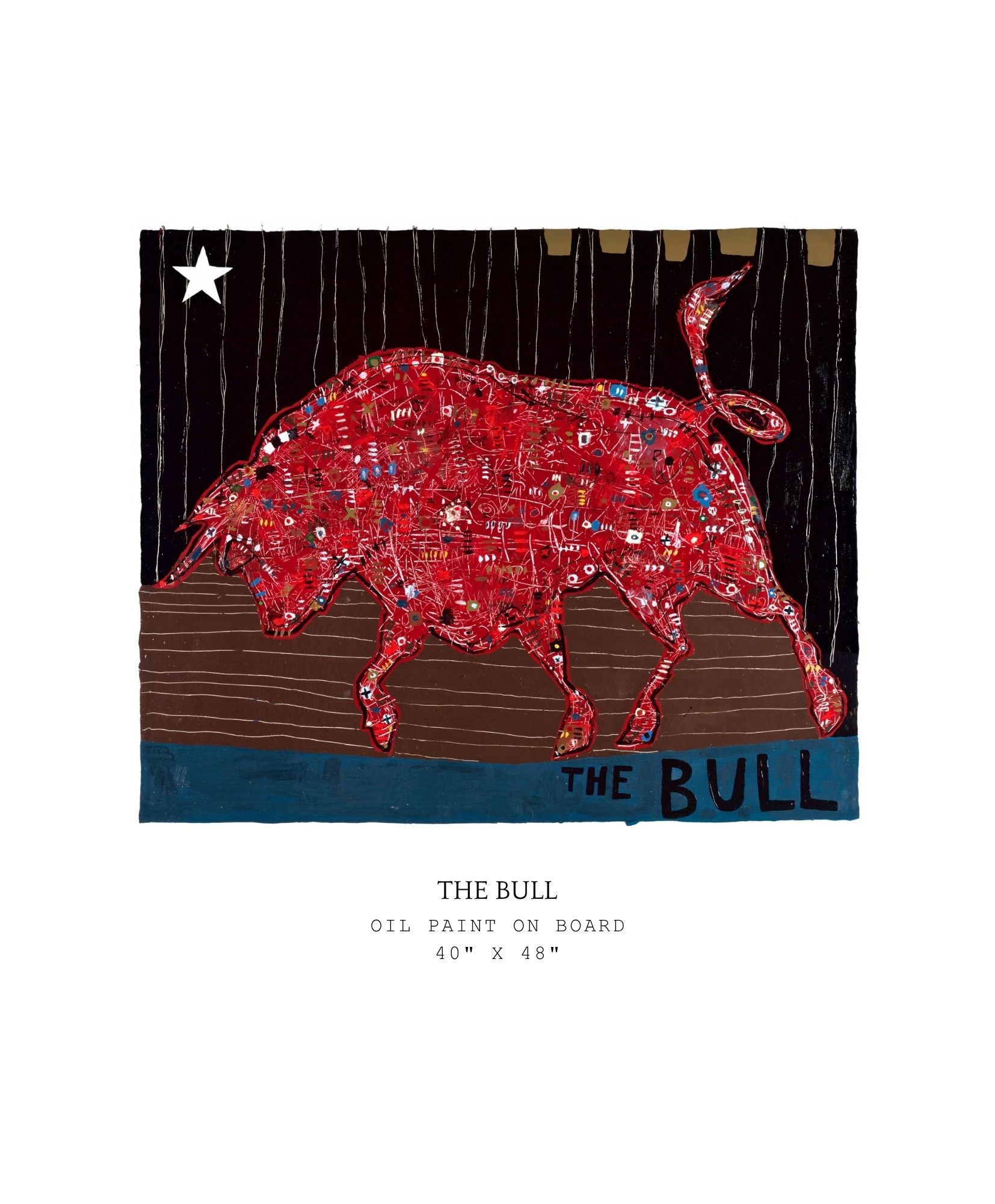 Artistic depiction of a red bull on a board with text indicating it is 'The Bull'.