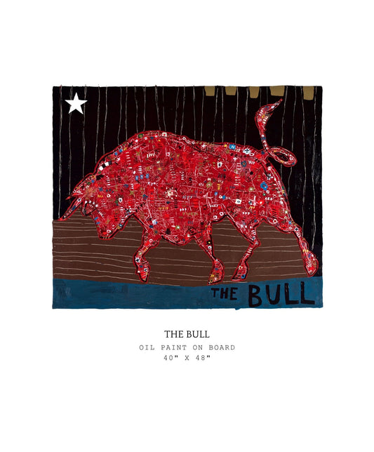 Artistic depiction of a red bull on a board with text indicating it is 'The Bull'.
