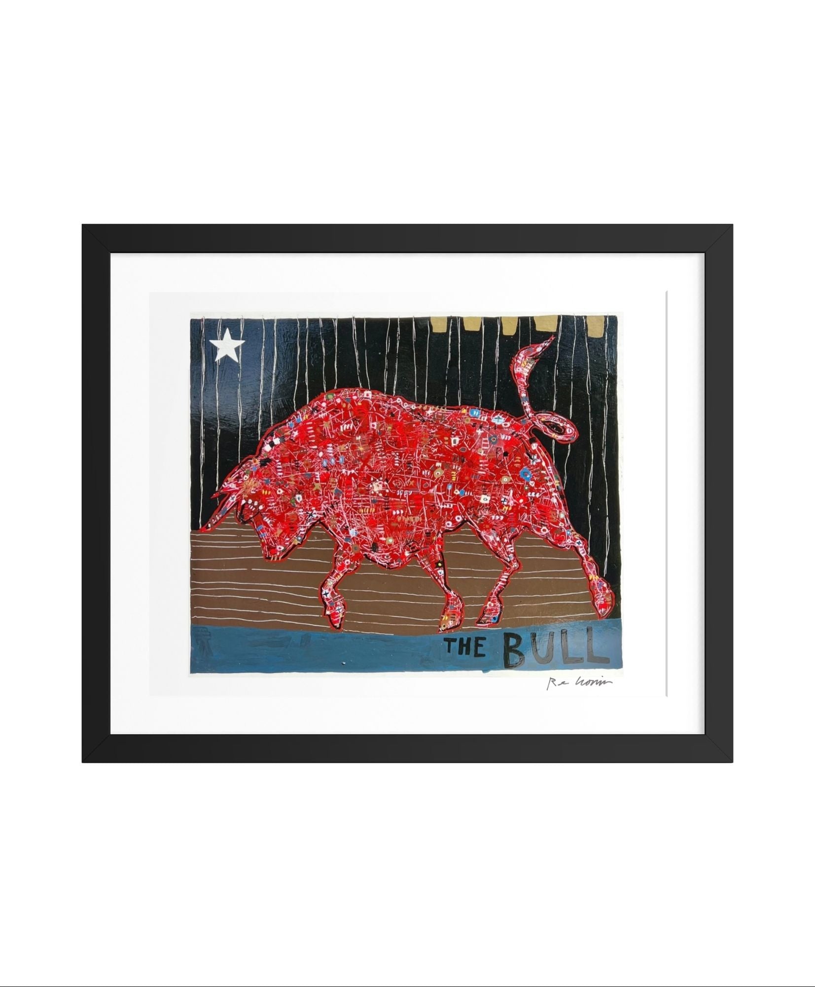 Framed artwork of a red bull with a star on a blue background