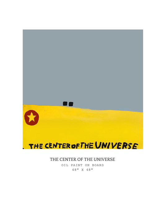 Artistic depiction of 'The Center of the Universe' with a gray sky, yellow ground, and black figures.