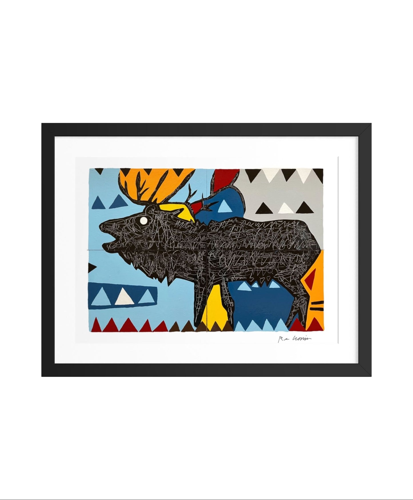 Framed artwork of a stylized elk with geometric Native American patterns on a white background