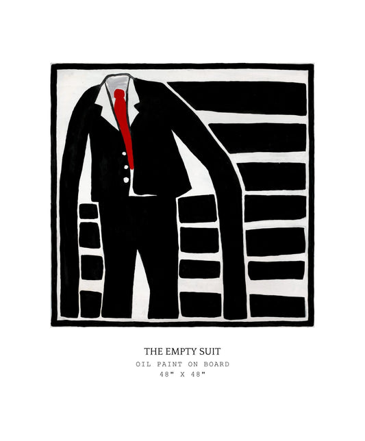 Artistic depiction of an empty suit with a red tie on a white background