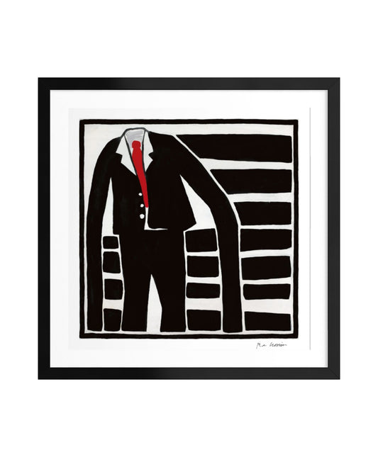Framed artwork of a black suit with a red tie on a white background with no one inside it.
