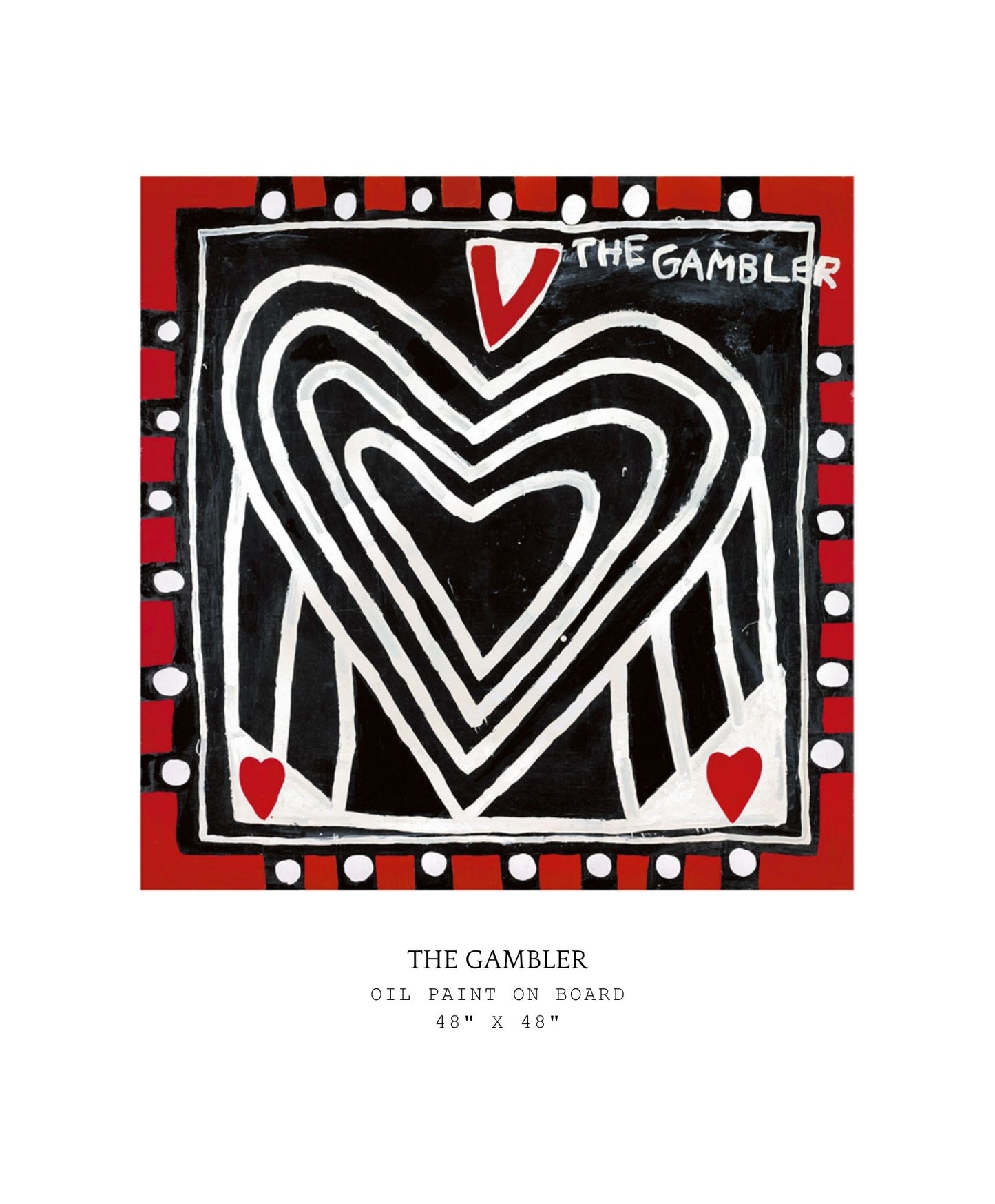 Artistic depiction of a heart with red and black design, titled 'The Gambler', on a white background.