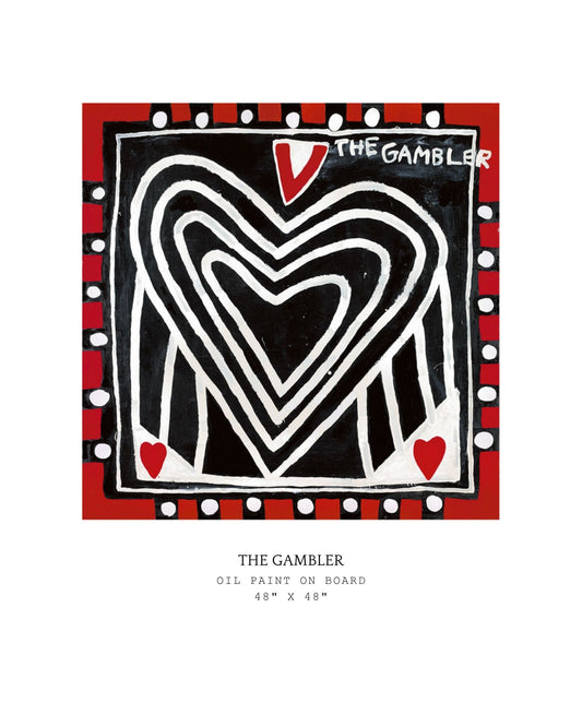 Artistic depiction of a heart with red and black design, titled 'The Gambler', on a white background.