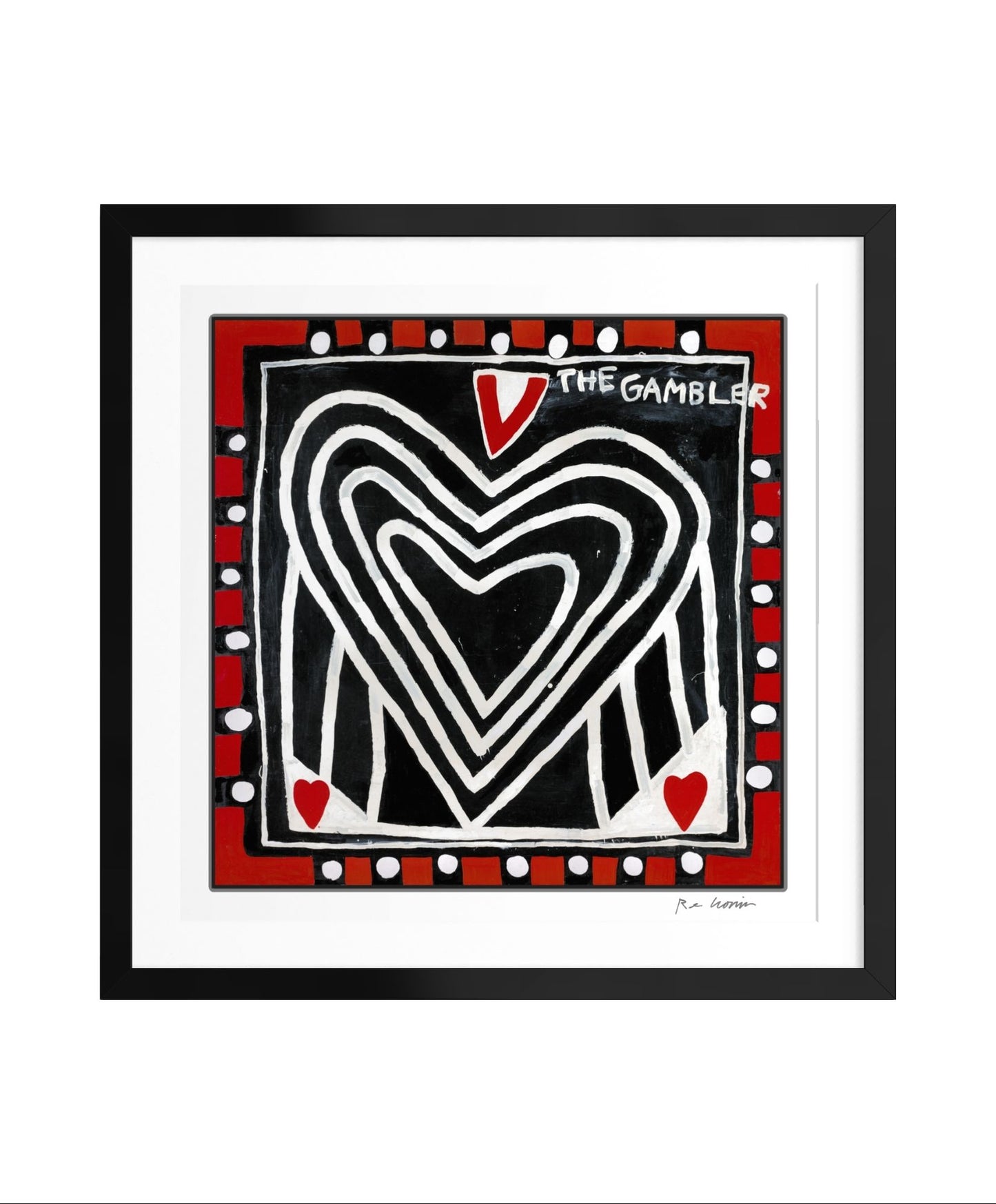 Framed artwork of a heart design with 'The Gambler' text on a white background
