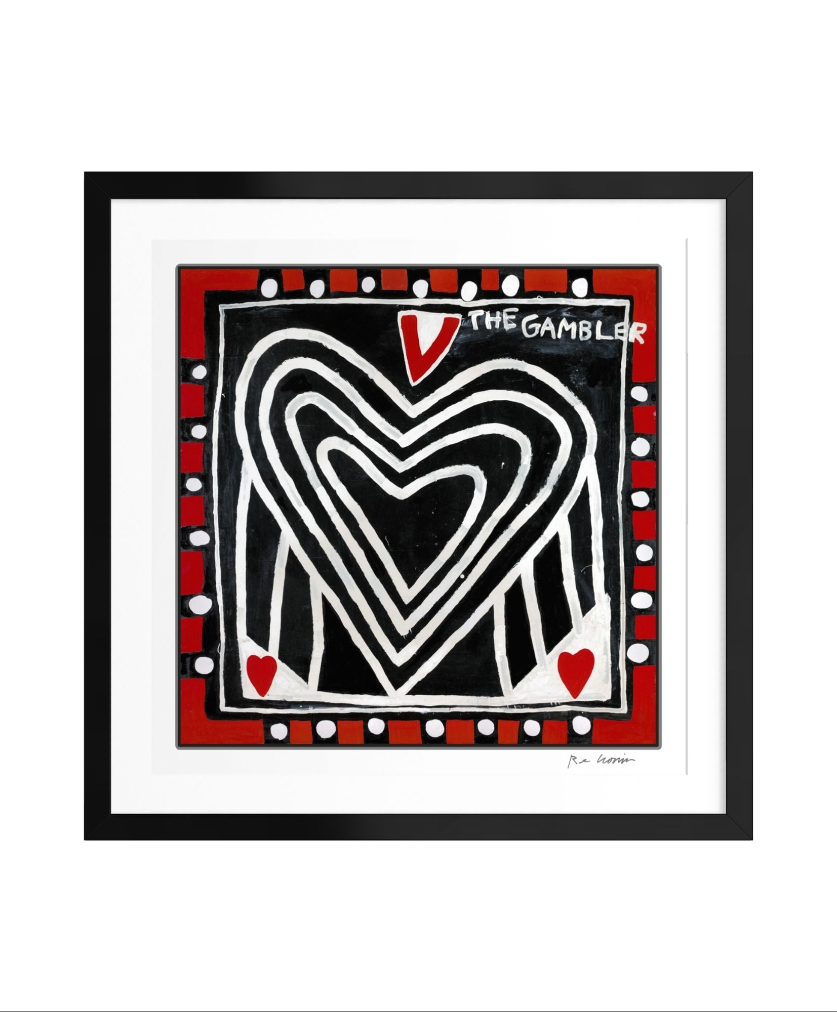 Framed artwork of a heart design with 'The Gambler' text on a white background