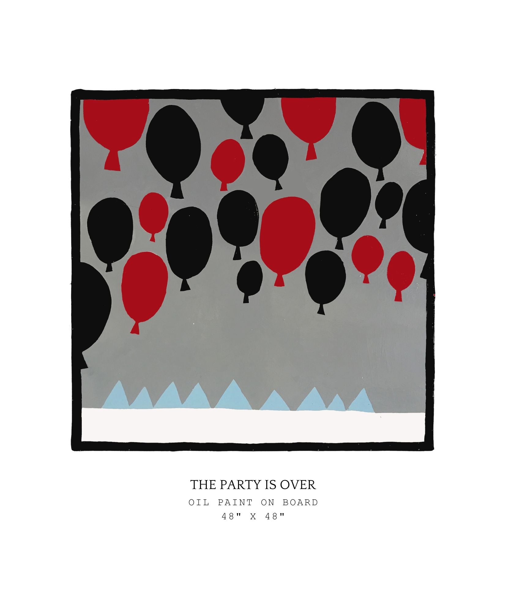 Painting of red and black balloons on a gray background floating in the air