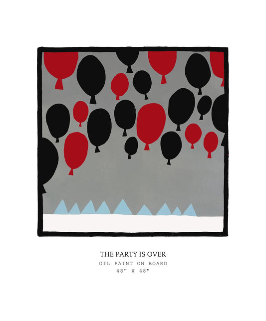 Painting of red and black balloons on a gray background floating in the air