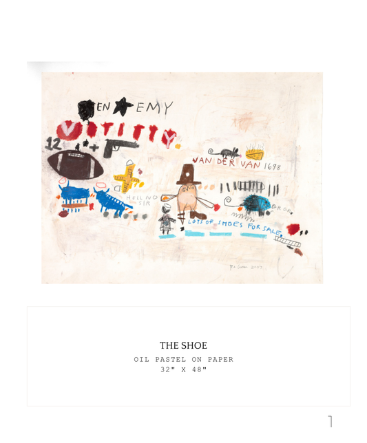 The Shoe by Ryan Cronin, 2007. Oil pastel on paper, 32 by 48 inches. Narrative drawing with figures, text, and the words LOTS OF SHOES FOR SALE.