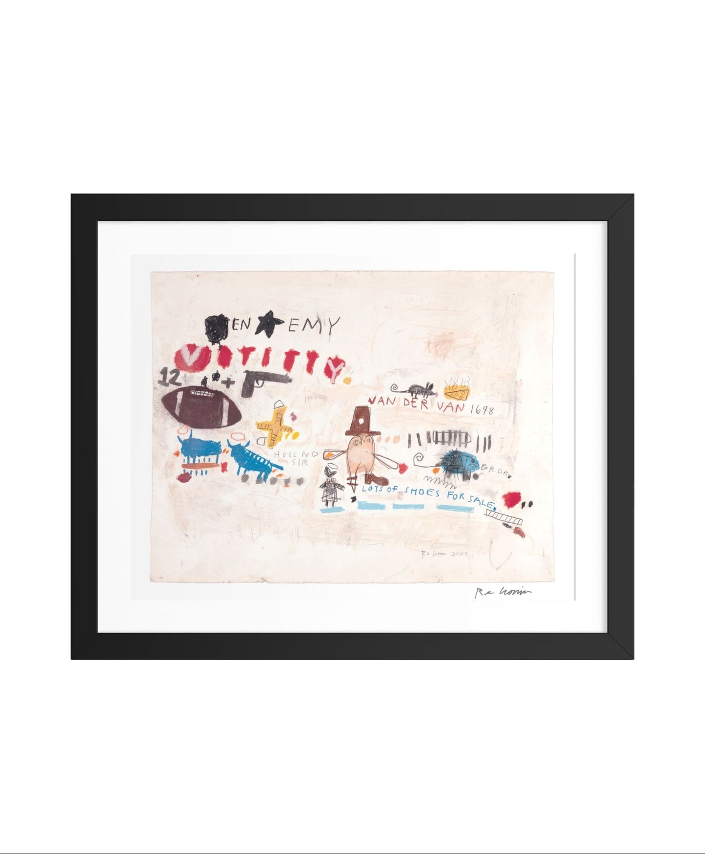 Framed artwork with colorful illustrations on a white background