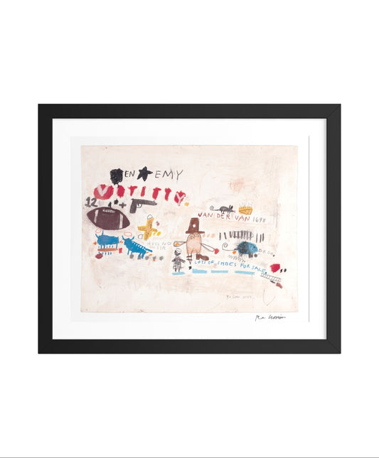 Framed artwork with colorful illustrations on a white background