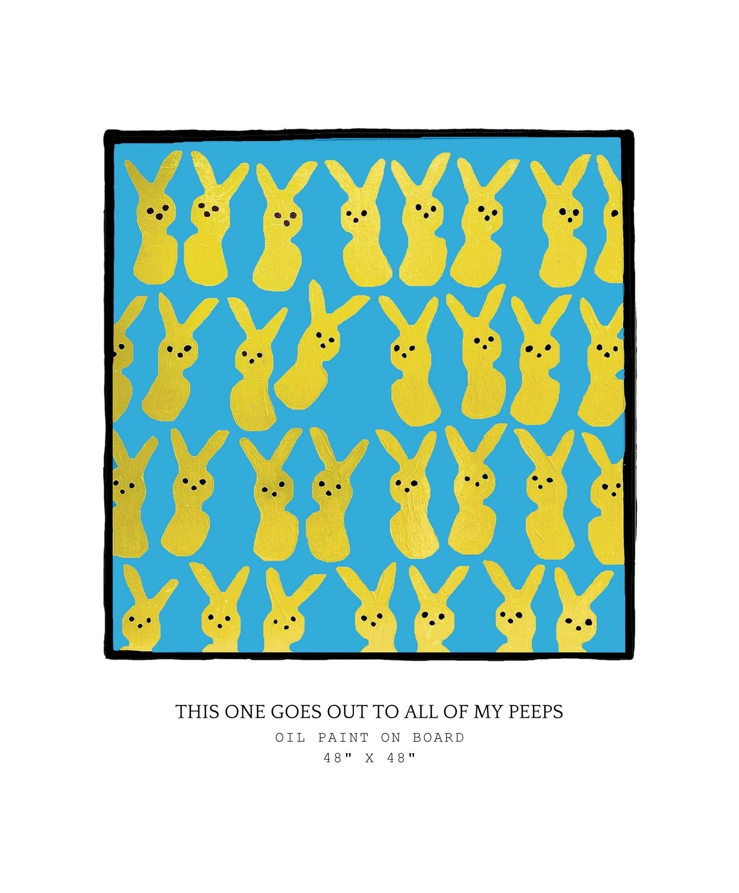 Pattern of yellow bunny peeps on a blue background with text below.