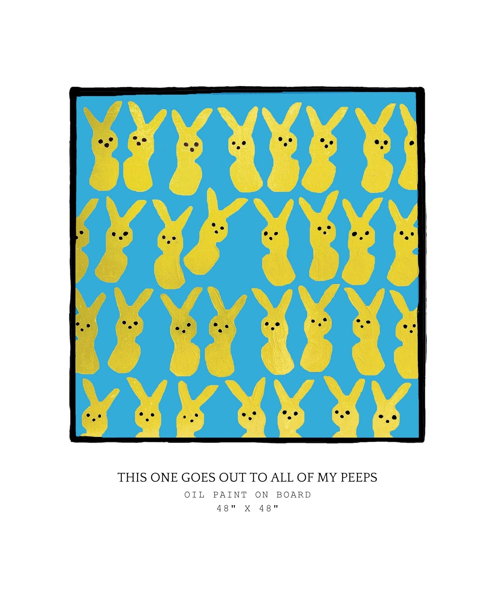 Pattern of yellow bunny peeps on a blue background with text below.