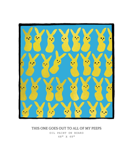 Pattern of yellow bunny peeps on a blue background with text below.