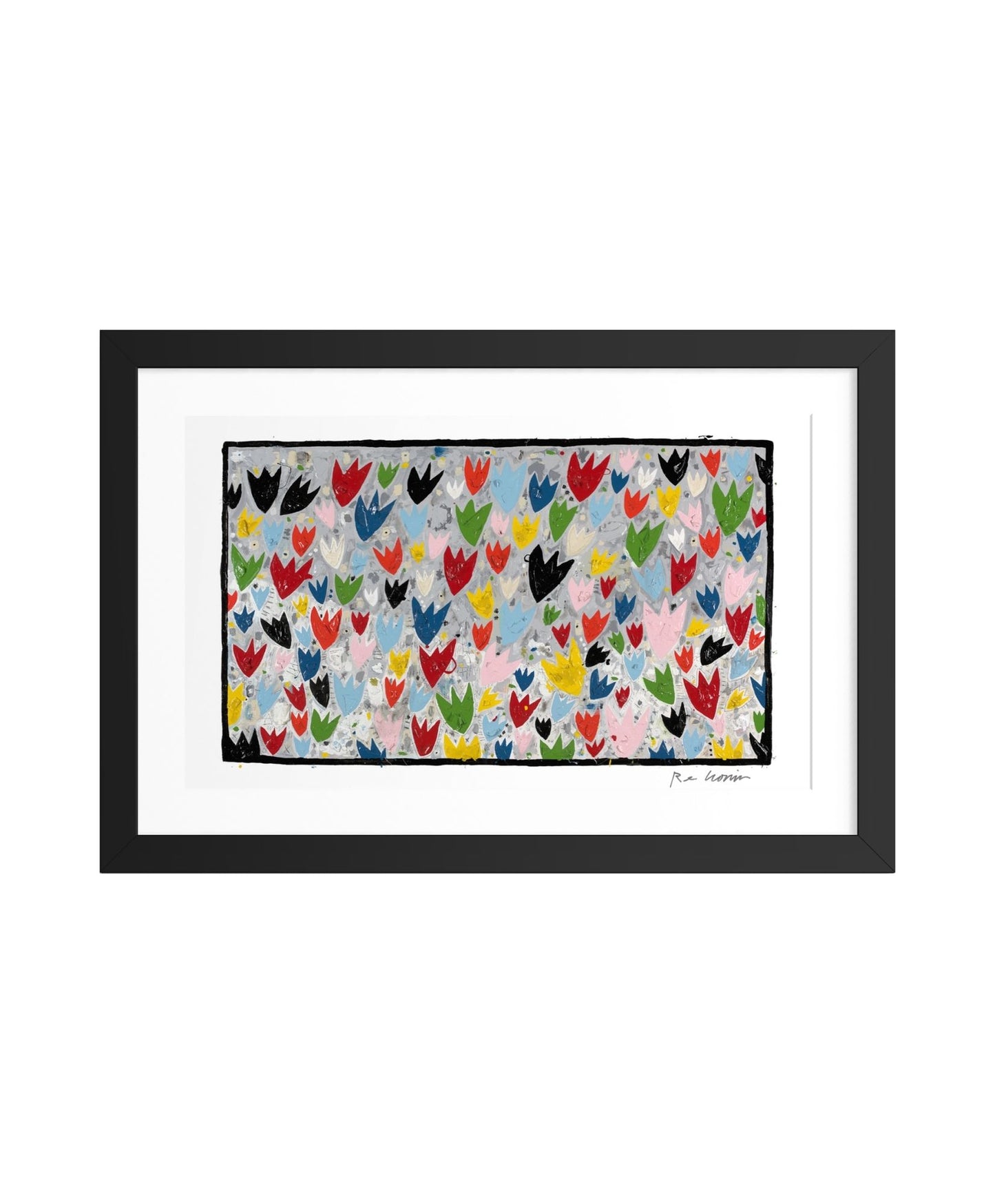 Framed artwork with colorful pattern of tulips on a white background. Part of the Mohonk series.