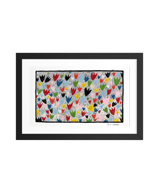 Framed artwork with colorful pattern of tulips on a white background. Part of the Mohonk series.