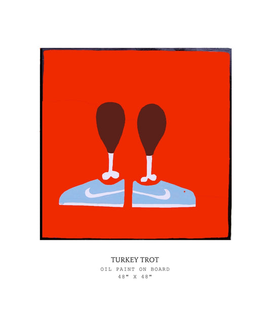 Art print titled 'Turkey Trot' with a red background and abstract design of turkey legs and shoes.