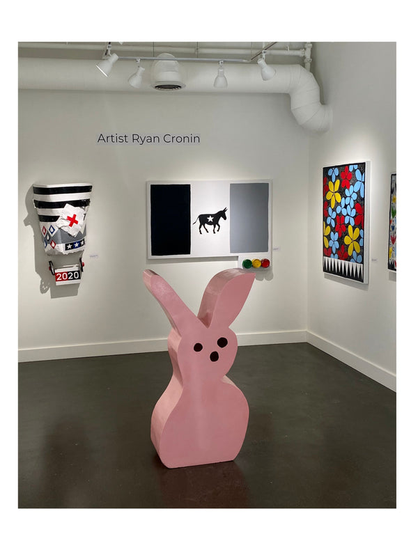 Pink bunny sculpture and bold contemporary paintings at The Cronin Gallery, Water Street Market, New Paltz NY 