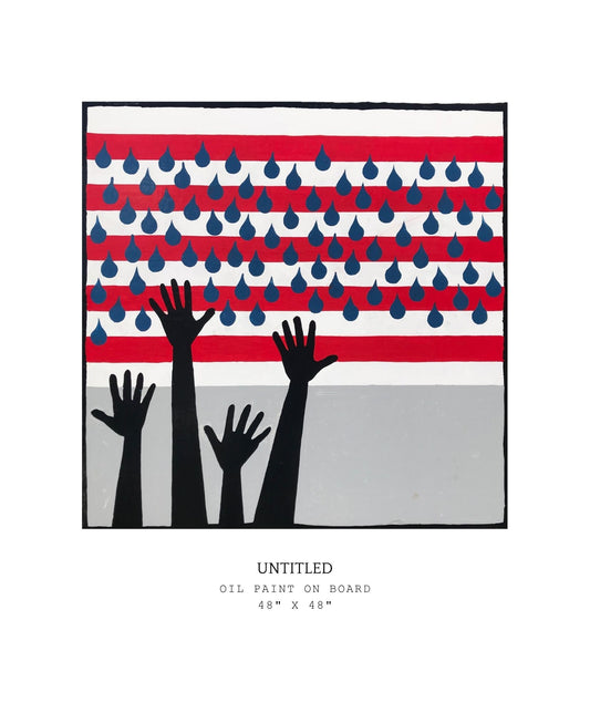Artistic depiction of raised hands against a red, white, and blue patterned flag background and images of blue raindrops against red and white stripes.