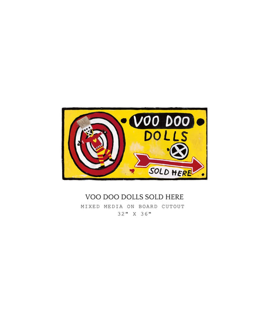 Voodoo dolls sold here sign with yellow background and red arrow