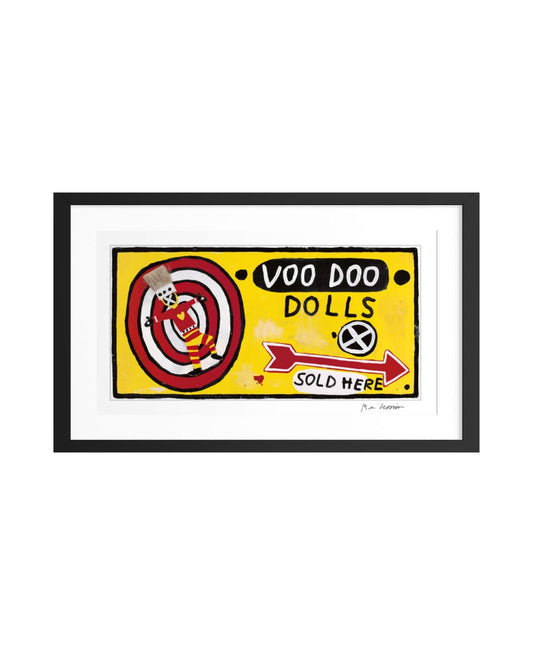 Framed artwork of a Voo Doo Dolls sign with a black border on a white background; A paintbrush transformed into a voodoo doll, thrust onto a target.