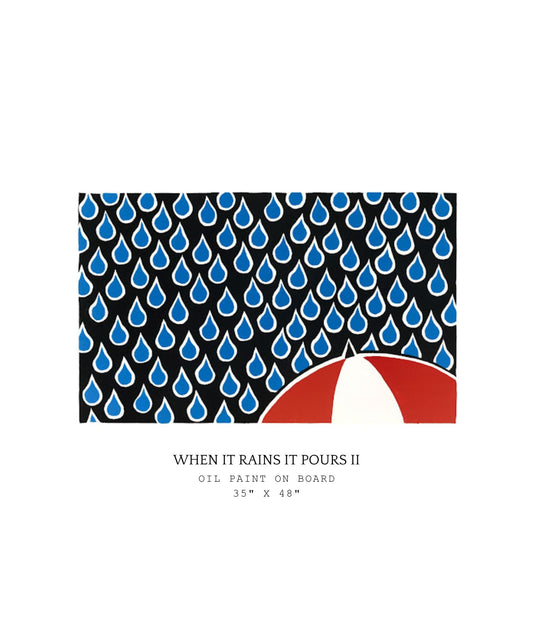 Artistic depiction of raindrops with a red shape below on a white background