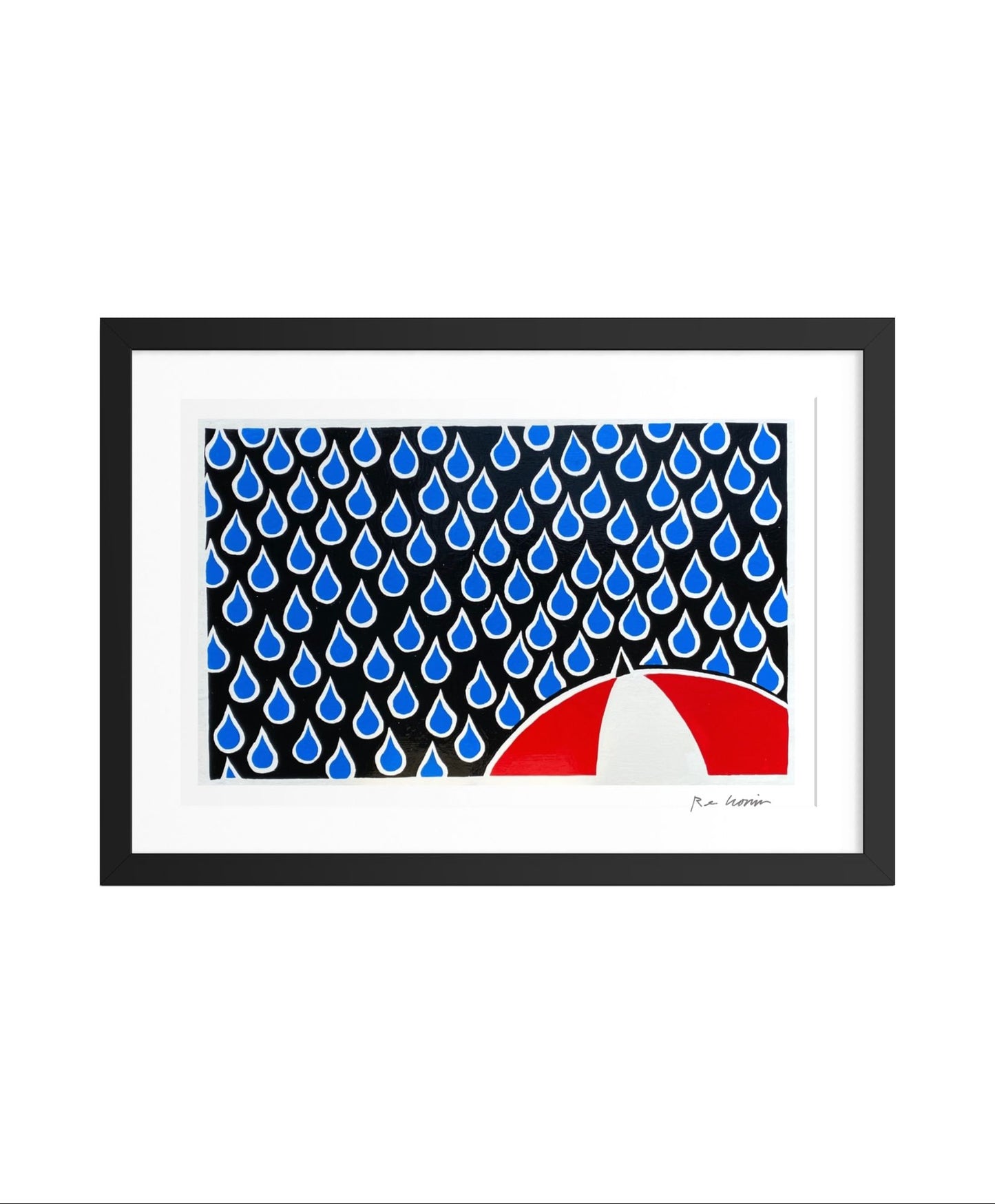 Framed artwork with blue raindrop pattern and red and white shape on a black background. From Cronin's Umbrellas on Brain series.
