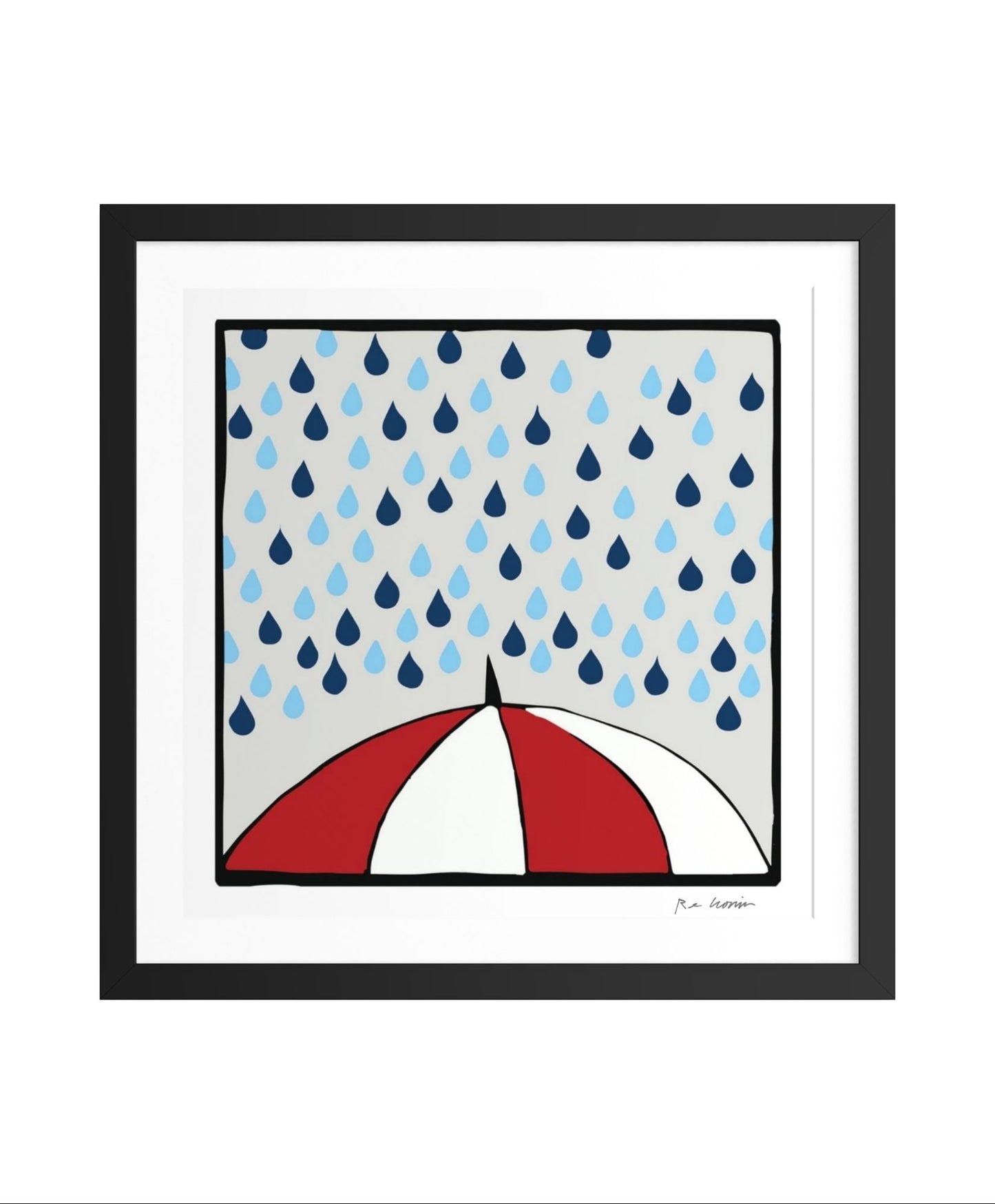 Framed artwork of a red and white umbrella with blue and gray raindrops on a white background. From Cronin's Umbrellas on Brain series.