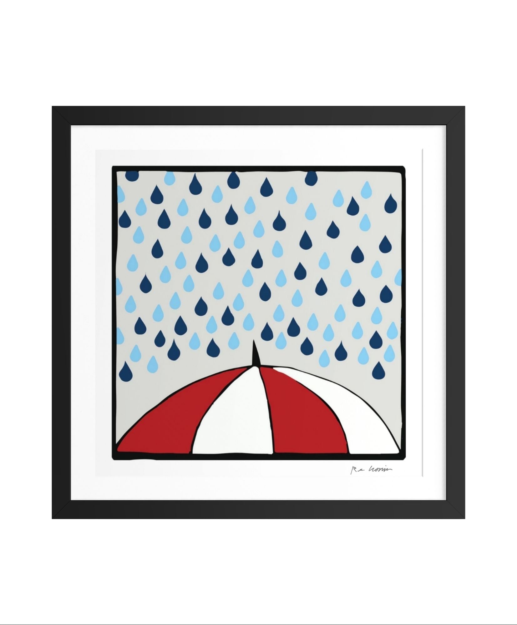 Framed artwork of a red and white umbrella with blue and gray raindrops on a white background. From Cronin's Umbrellas on Brain series.