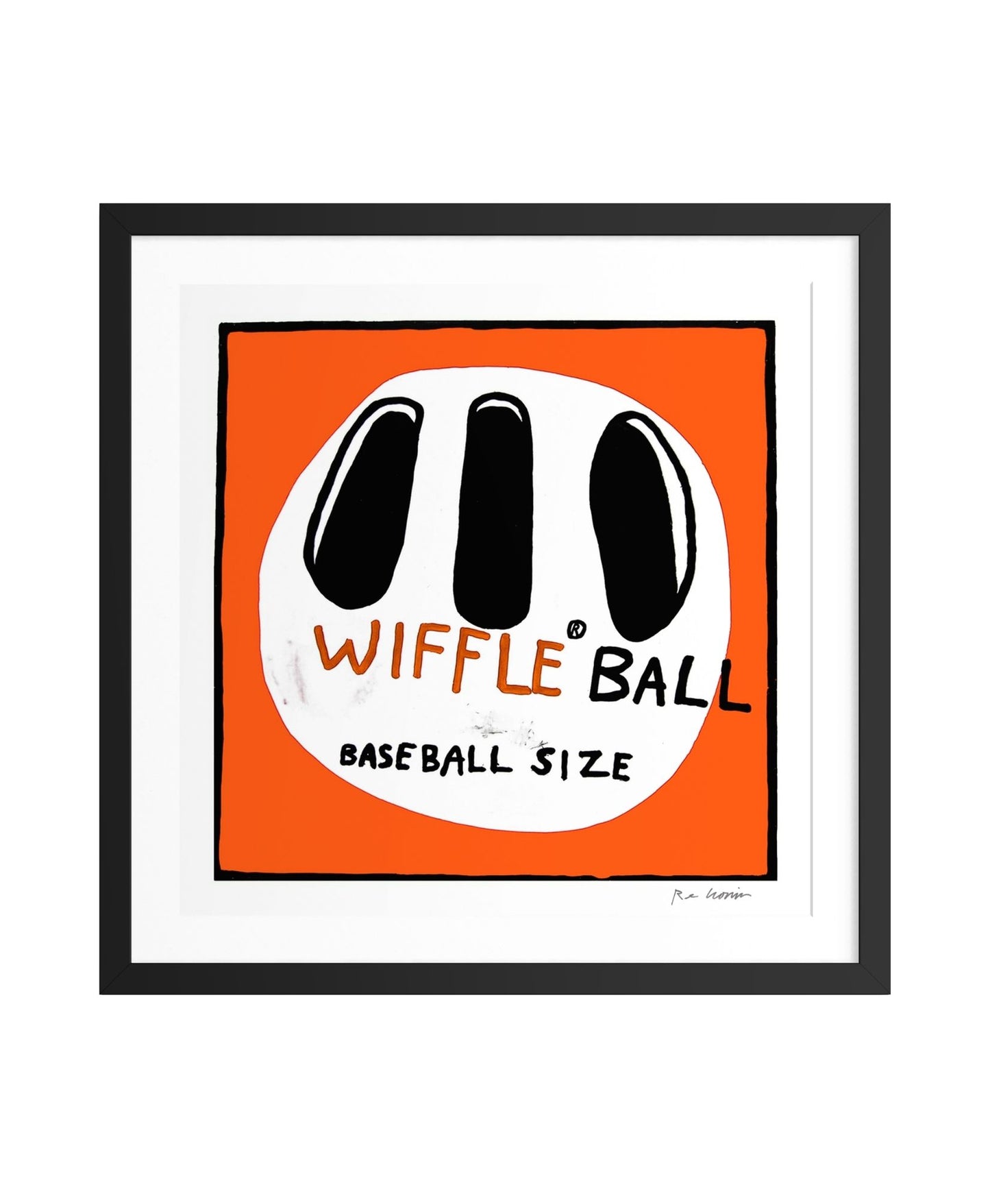 Framed artwork of a Wiffle Ball design with an orange border and black text. That classic backyard game rendered in bold, graphic style.