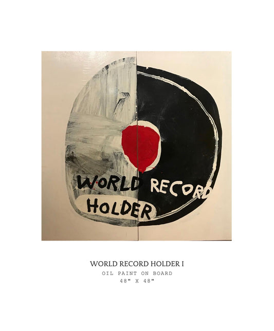 Artistic depiction of a record with 'World Record Holder' text on a beige background